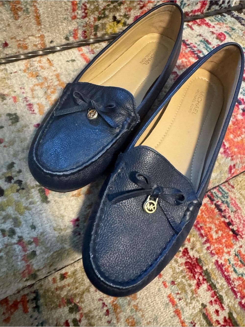 Michael Kors Navy Pebbled Leather Moccasin Loafers with MK Charm